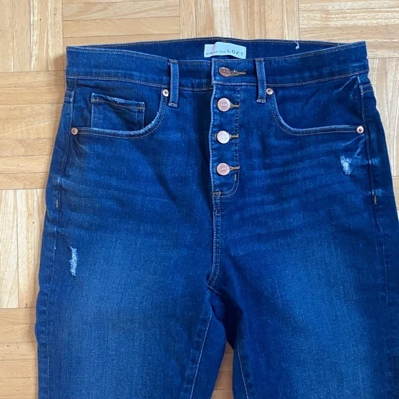 LOFT button fly high waist slim pockets skinny crop frayed cuff jeans EUC 8 - Picture 2 of 14